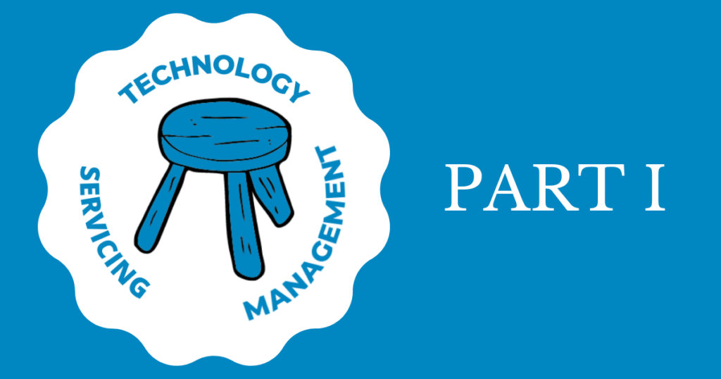 A three-legged stool labeled “Technology,” “Servicing,” and “Management” appears inside a white seal, highlighting grease trap solutions. To the right, large text reads “PART I” on a blue background.
