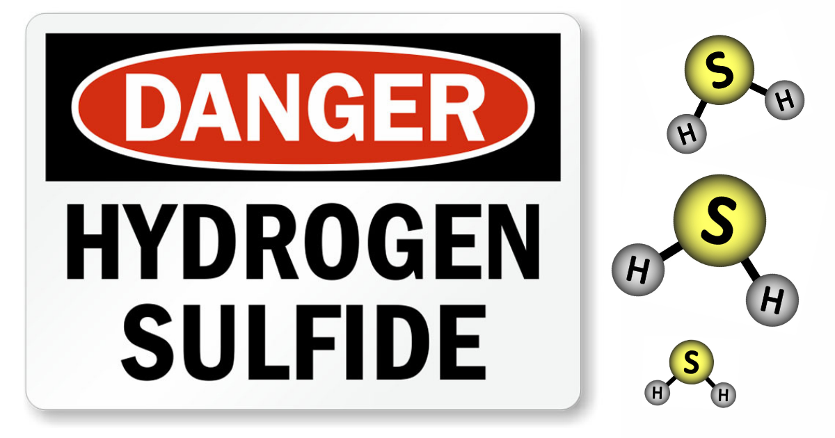 A warning sign reads "DANGER HYDROGEN SULFIDE." To the right are three diagrams of hydrogen sulfide molecules, often found near Grease Trap systems, each showing one sulfur atom bonded to two hydrogen atoms.