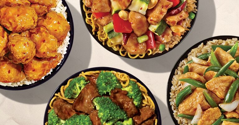 Four bowls of food are shown from above, each holding delicious dishes like broccoli beef, chicken with green beans, breaded chicken, and a veggie stir-fry—all looking fresh and flavorful with no excess oil, as if made straight from a clean grease trap.