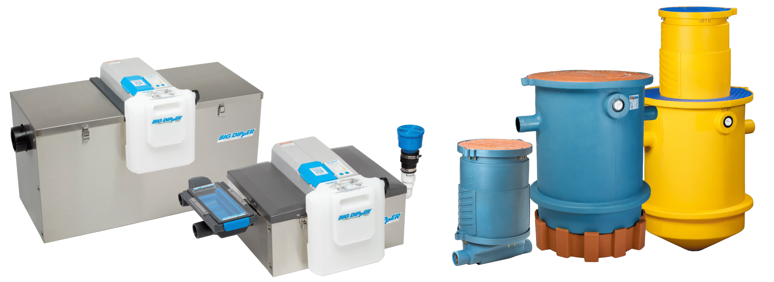 A group of industrial filtration and water treatment devices, including two large metallic units with white and blue control panels, grease traps, and four cylindrical plastic components in blue, yellow, and orange.